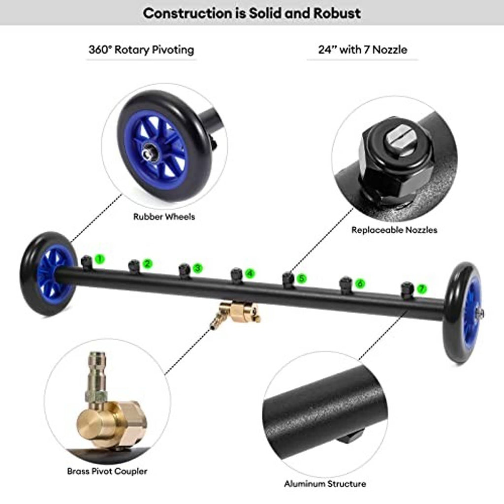 Pressure washer surface cleaner cart with blue rubber wheels, brass pivot coupler, replaceable nozzles