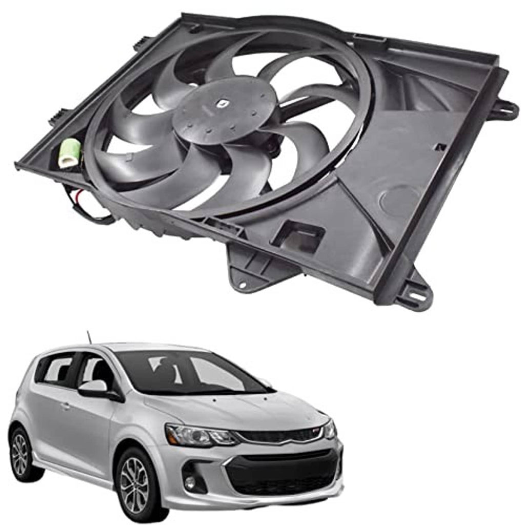 Radiator cooling fan assembly with gray fan blades, shroud, and attached wiring