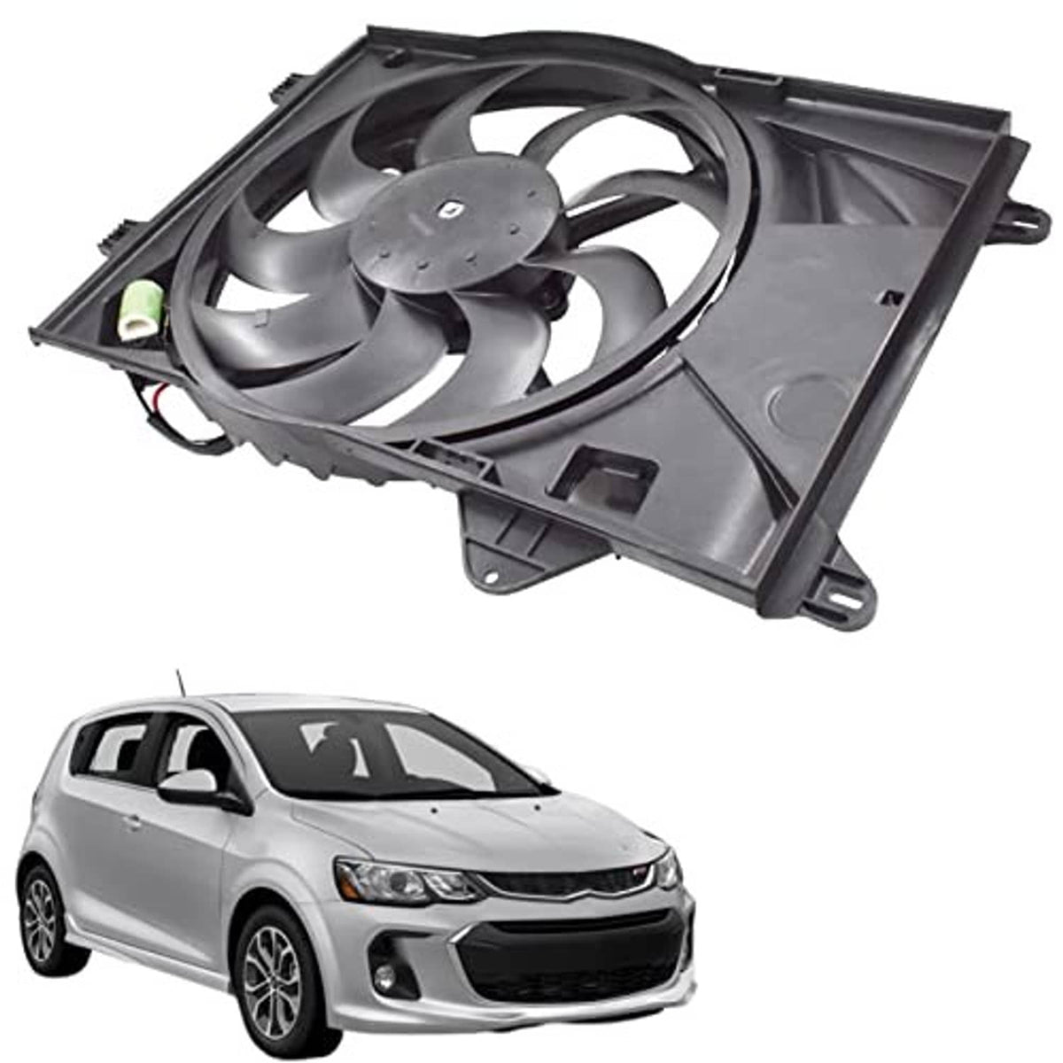 Radiator cooling fan assembly with gray fan blades, shroud, and attached wiring