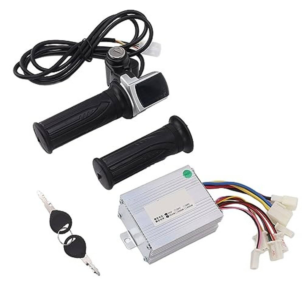 Throttle grip lock kit with angled dual grips, controller box, wiring, and keys