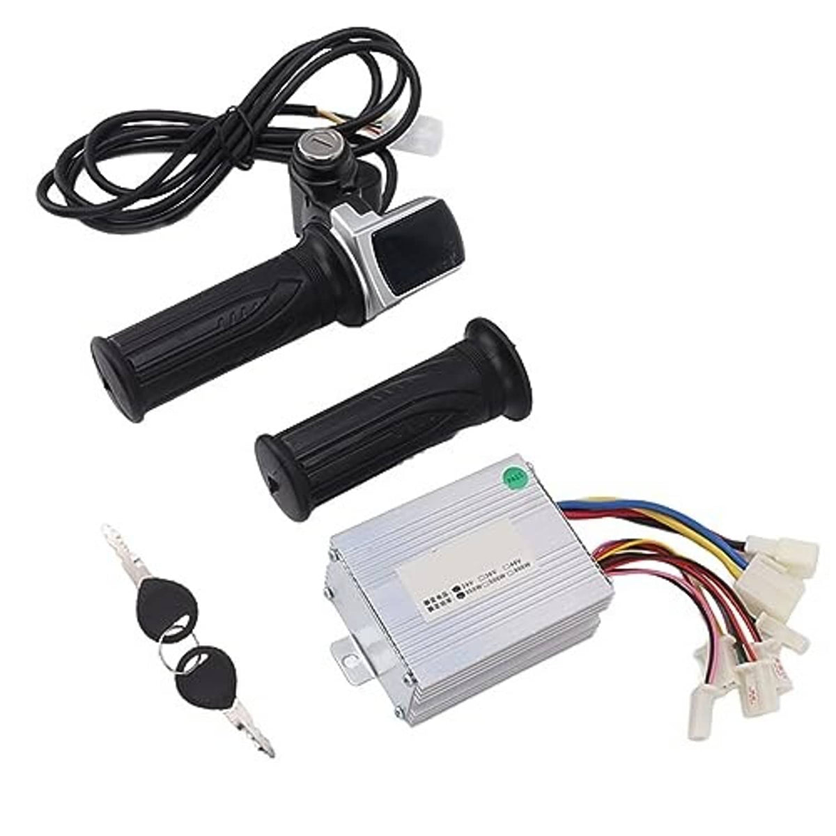 Throttle grip lock kit with angled dual grips, controller box, wiring, and keys