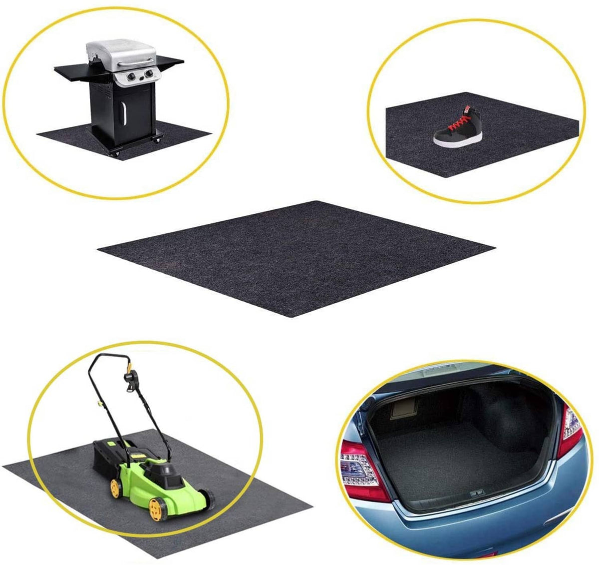 Dark gray mat shown as a flat cover for grill, tools, and outdoor areas