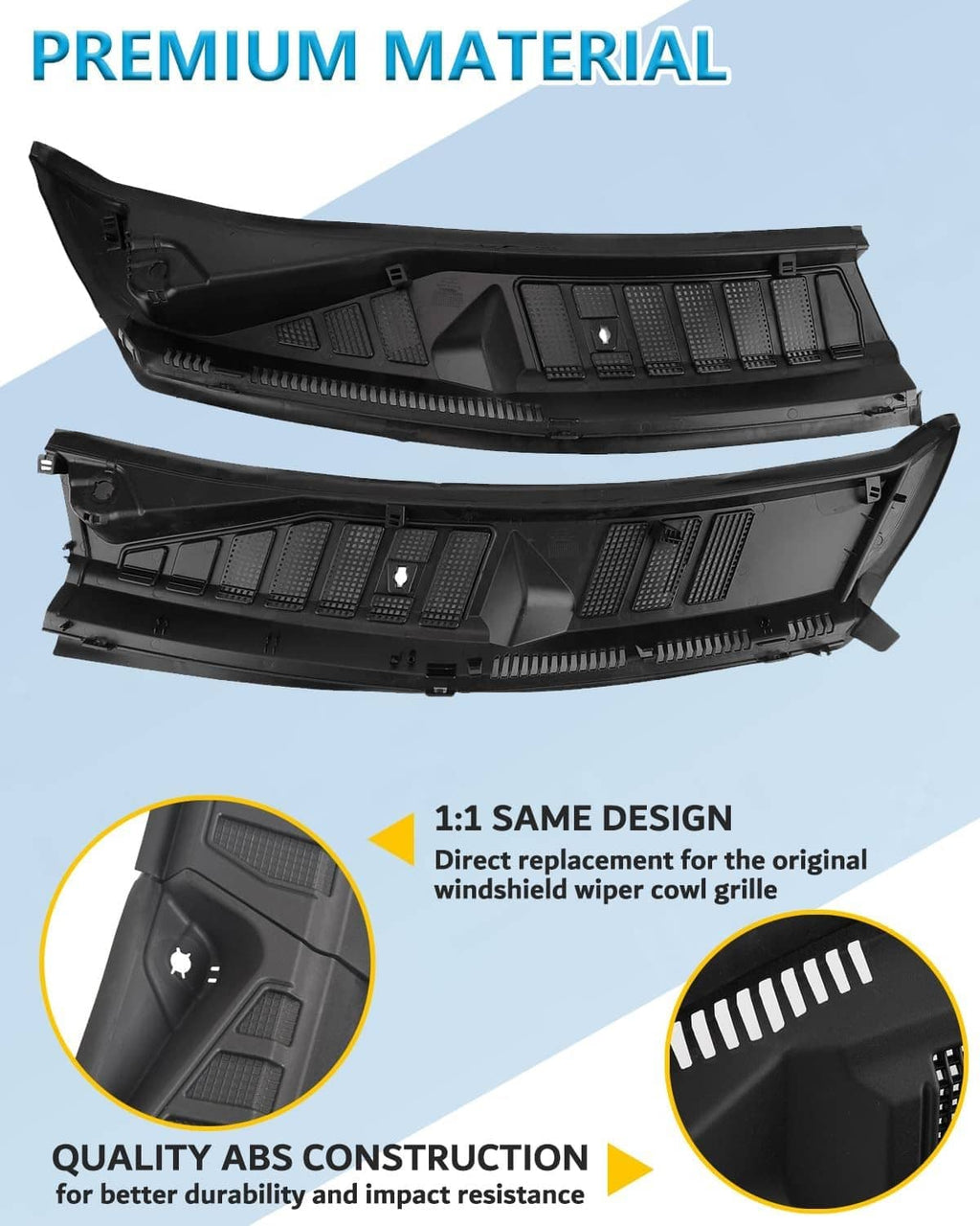 Black plastic windshield cowl panel set with vented grille sections