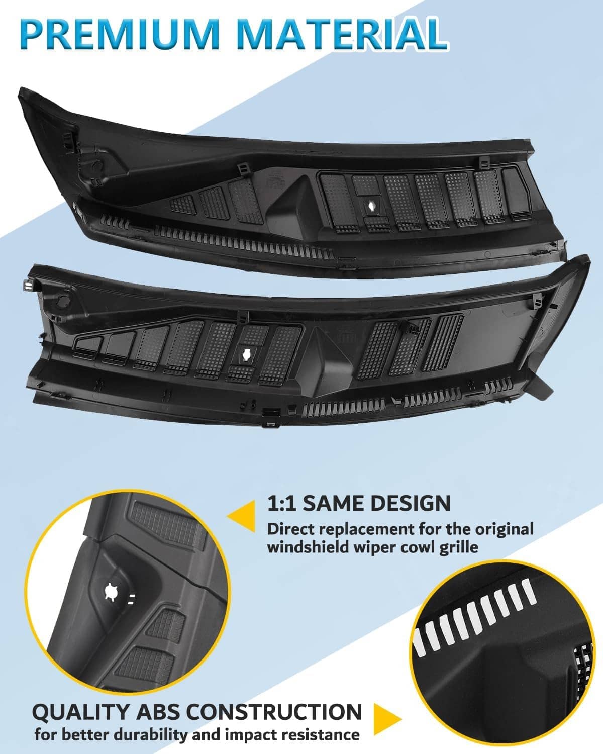 Black plastic windshield cowl panel set with vented grille sections