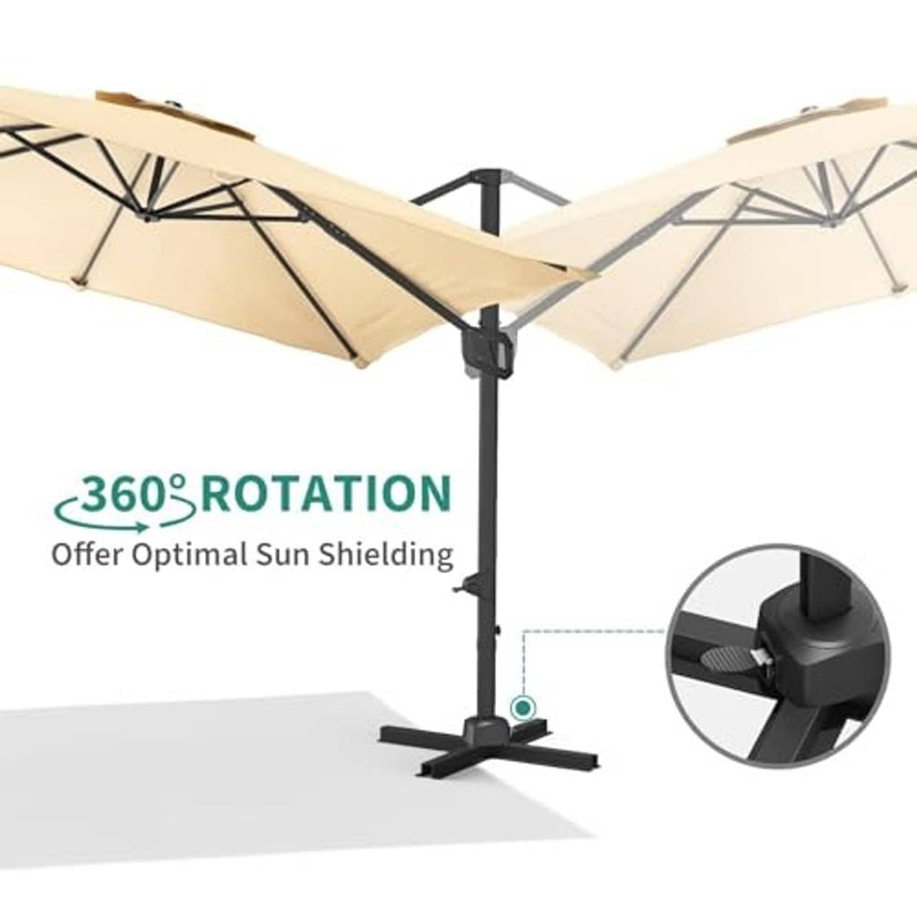 Beige cantilever patio rectangle umbrella with jointed arm and rotating stand base