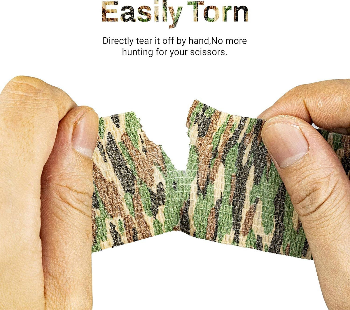 Hands tearing a camouflage athletic tape strip, elastic cohesive band with textured weave.
