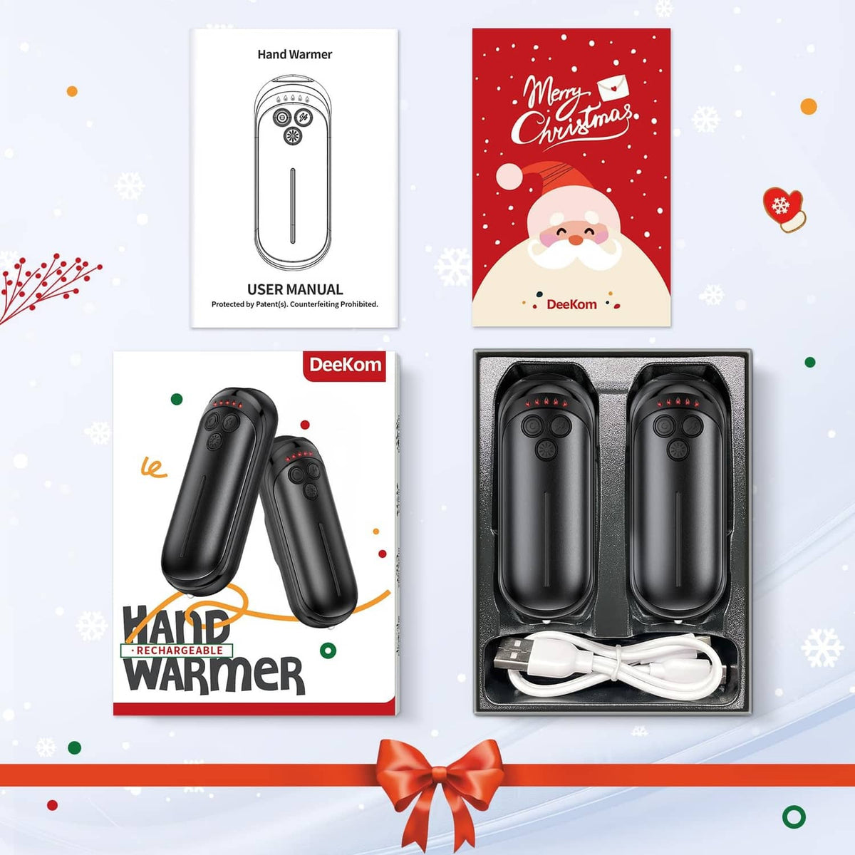 Black hand warmer gift set in box with two devices, manual, and charging cord
