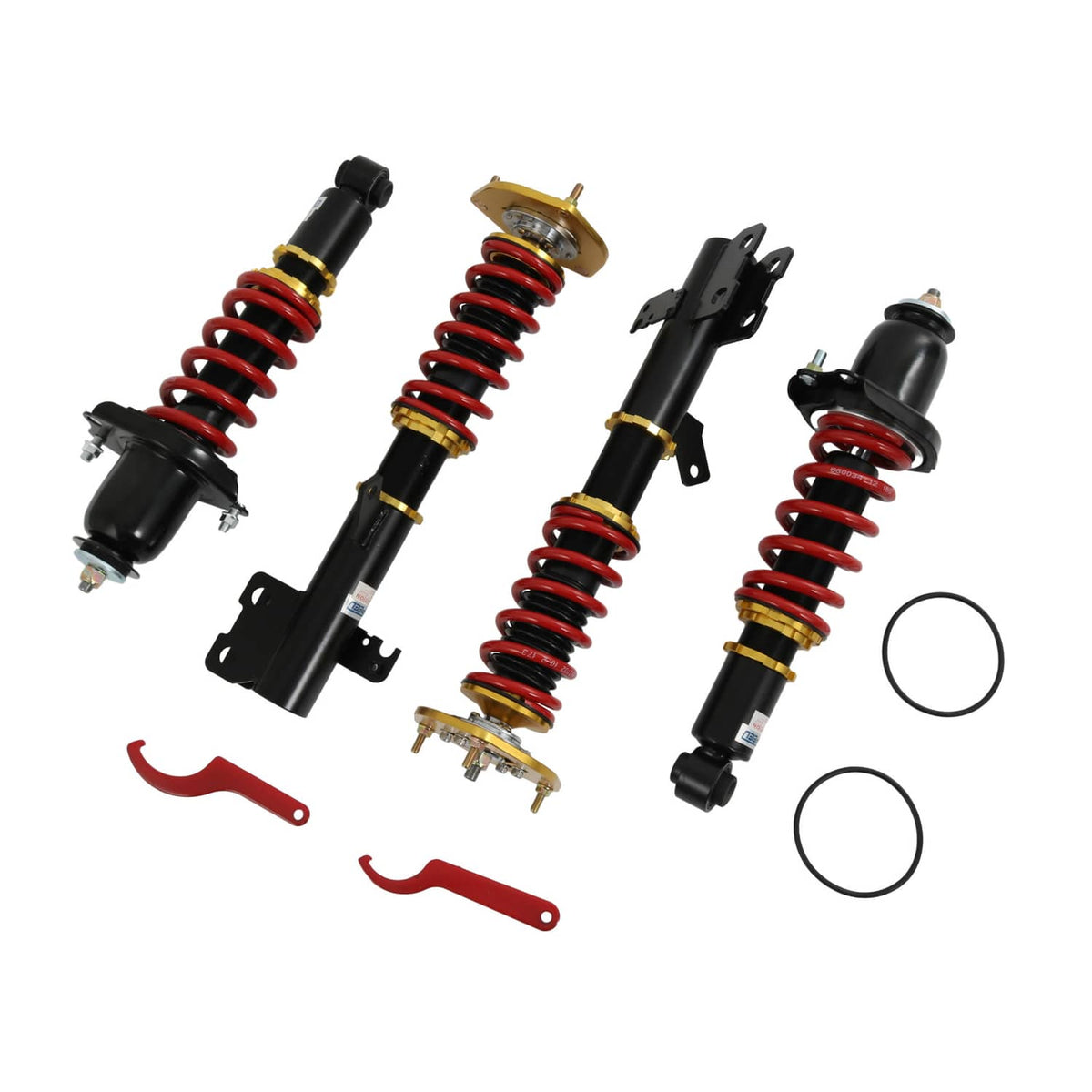 Coilover lowering kit components: four shocks, red springs, brackets, and black rings