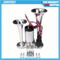 Chrome dual trumpet electric air horn set with wiring and mounting hardware