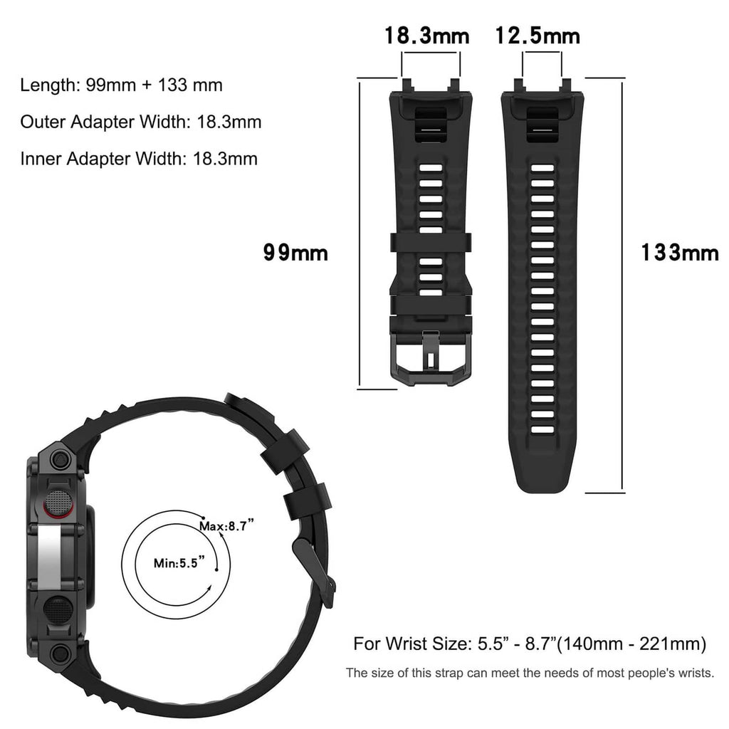 Black watch band size chart with strap measurement diagram