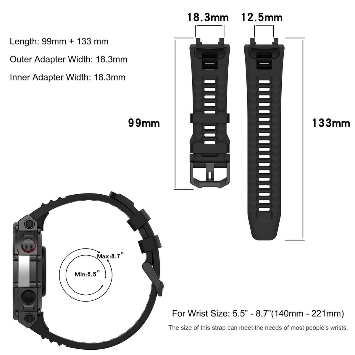 Black watch band size chart with strap measurement diagram
