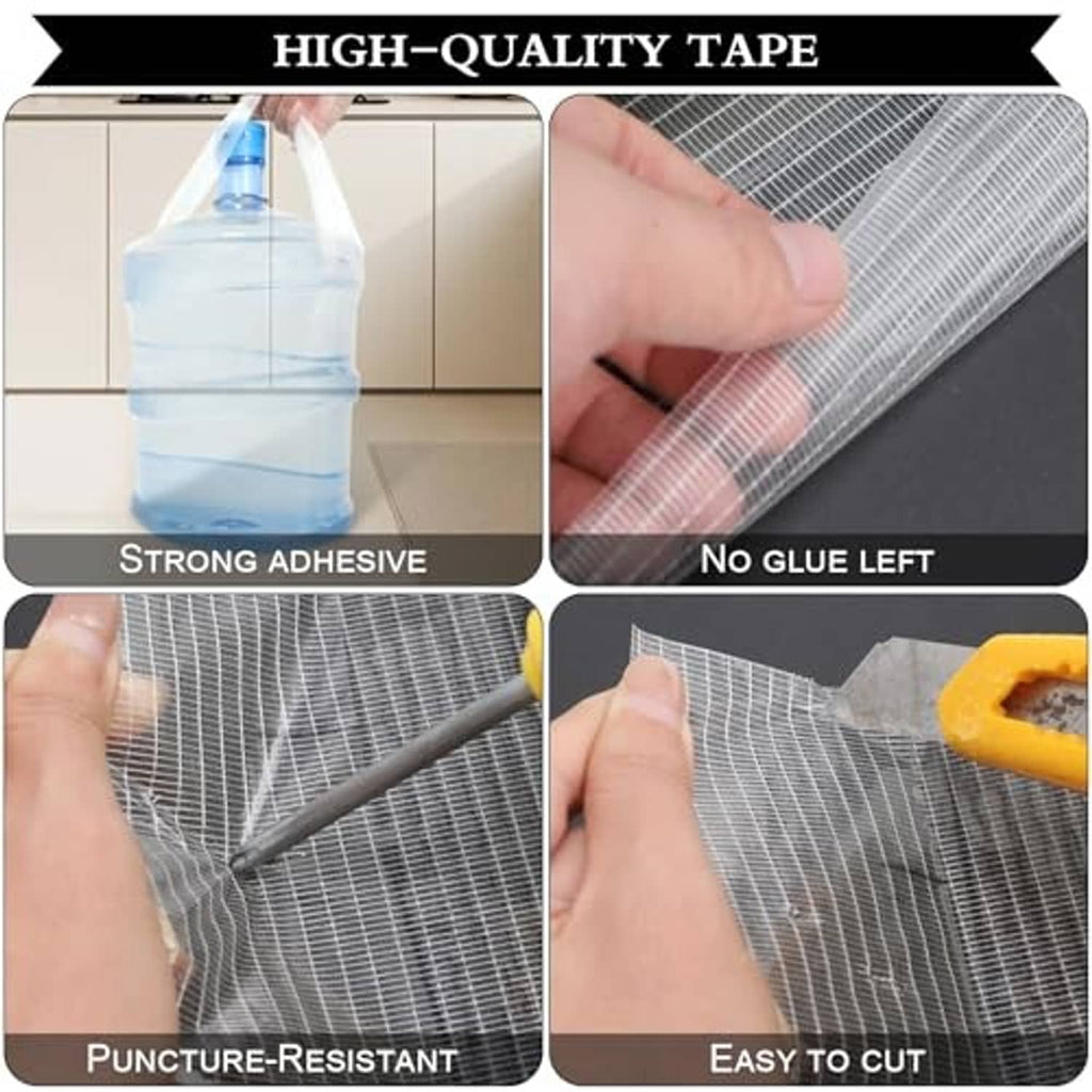 Clear adhesive repair tape on mesh surface, strong hold and easy-cut roll