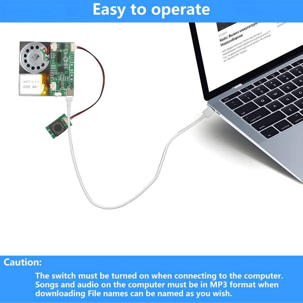 USB MP3 sound module PCB with press button and speaker, wired for computer use