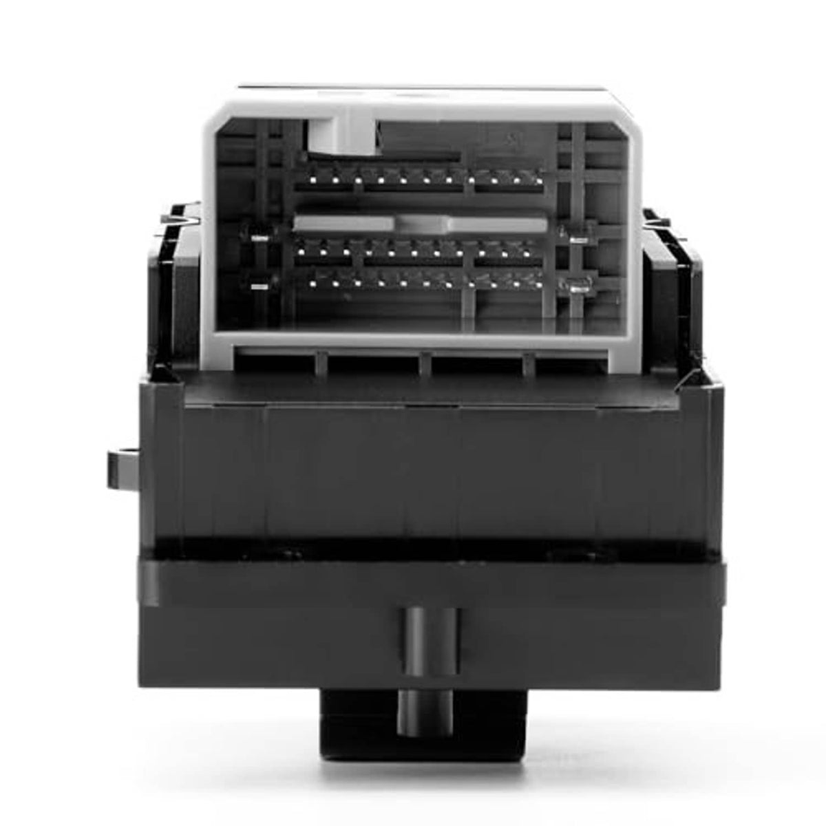 Power window switch module, black plastic rear view with multi-pin connector.