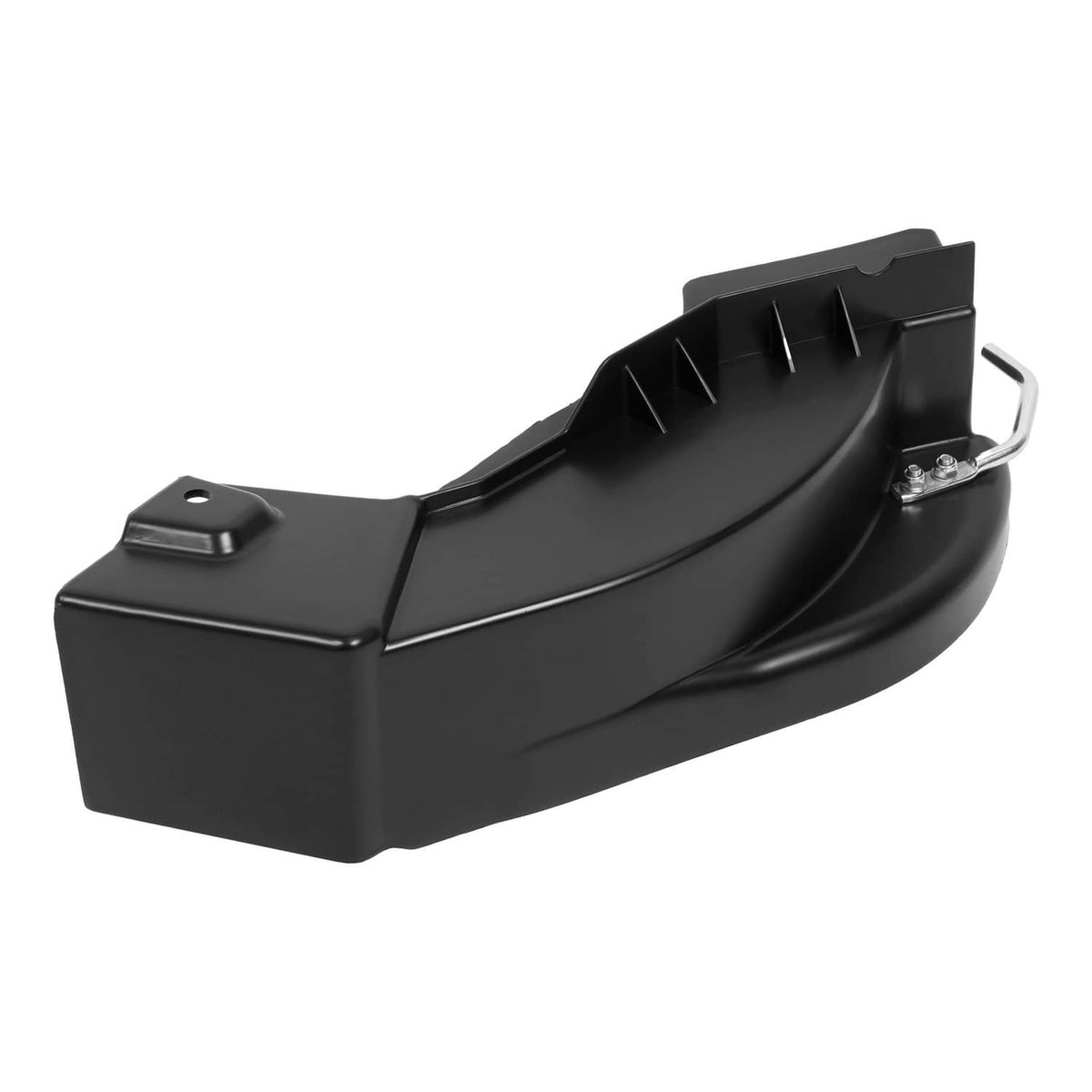 Black mulch plug chute with mounting holes and metal lever bracket, mower deck accessory