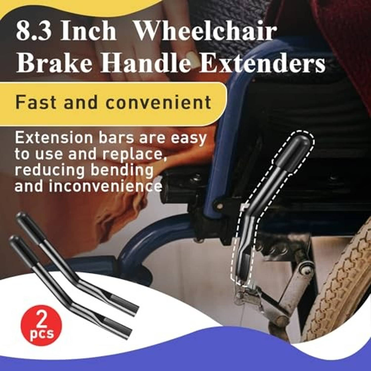 Pair of black wheelchair brake handle extenders shown near a wheelchair brake mechanism