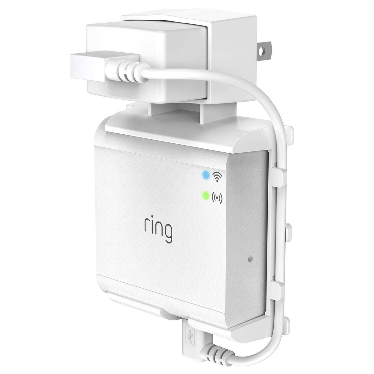 White wall mount power adapter bracket for Ring smart lighting bridge with cables