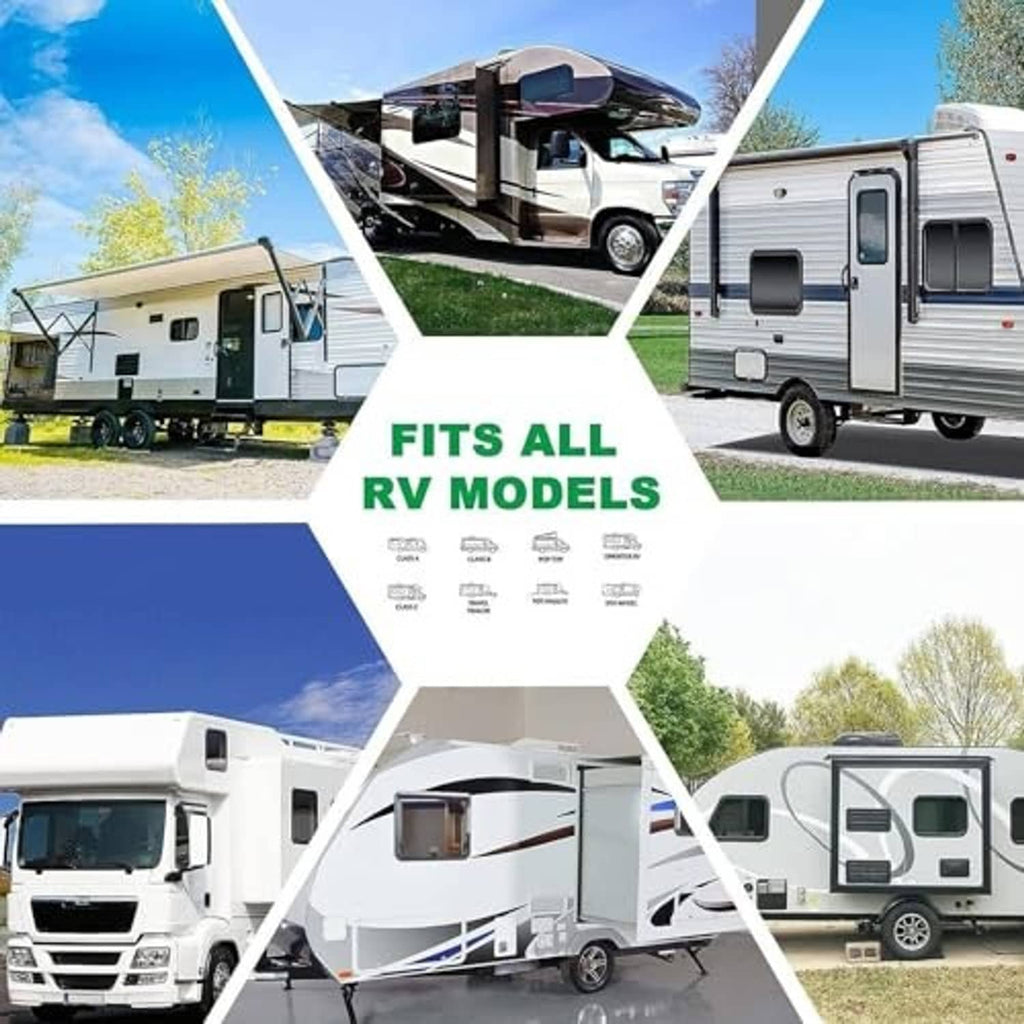 RV roof cover fit-all graphic showing cover on multiple RV model types