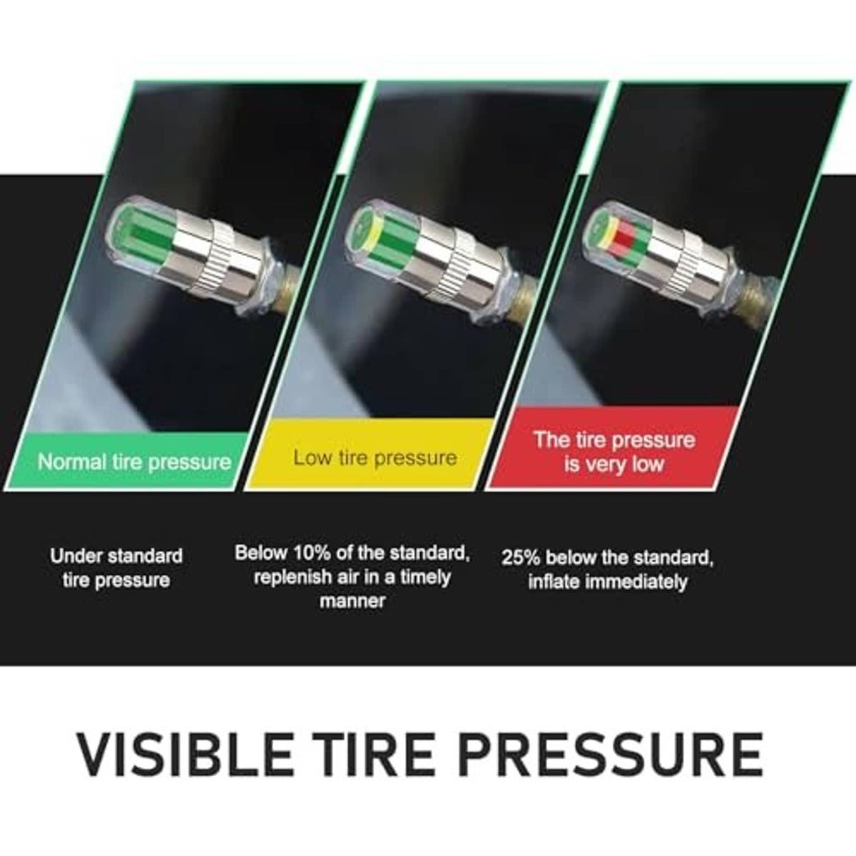Silver tire valve stem caps with multi-color indicator window for pressure levels