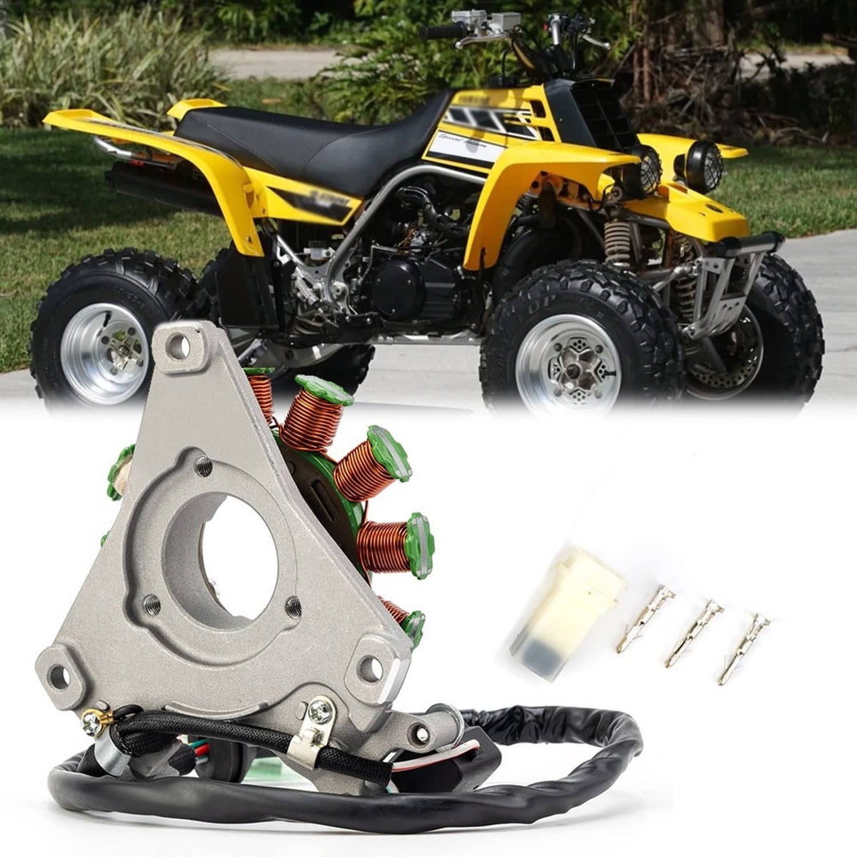 Motorcycle stator assembly with copper coils, mounting plate, and black wiring harness