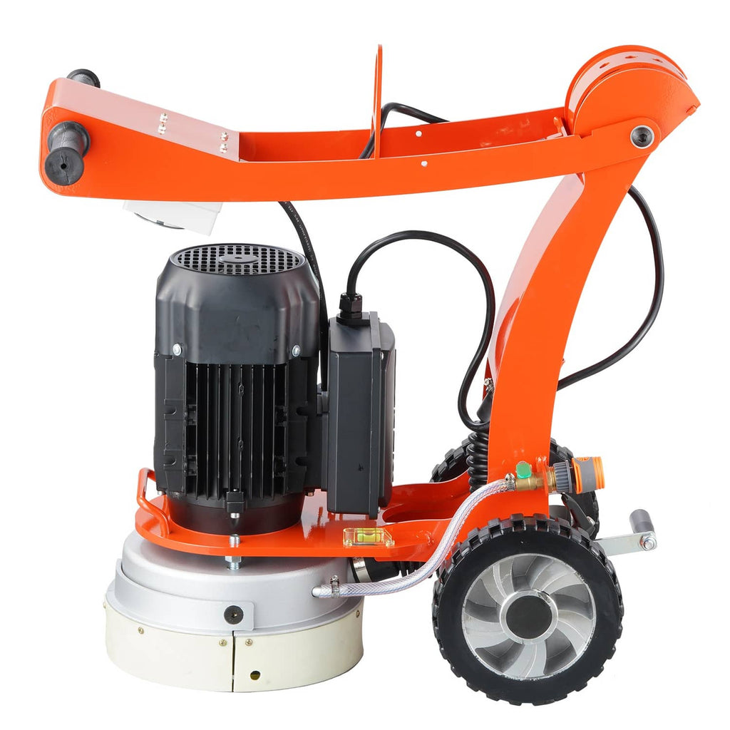 Orange walk-behind concrete grinder/polisher with motor housing, side arm, and wheels