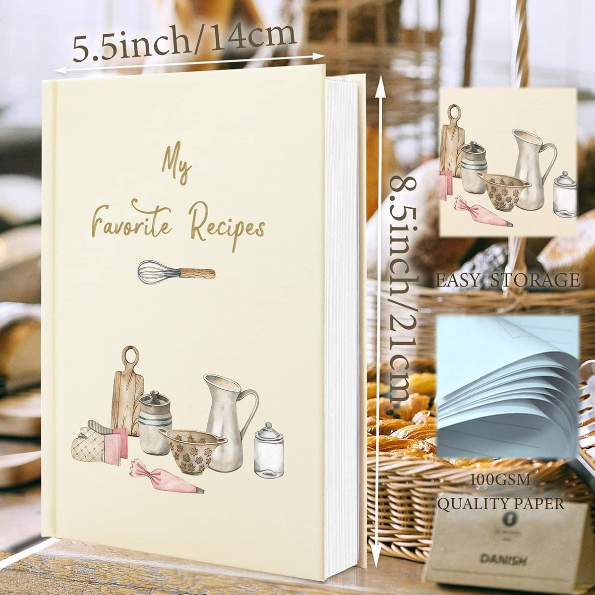 Cream recipe book standing on counter, “My Favorite Recipes” with utensil and jar graphics