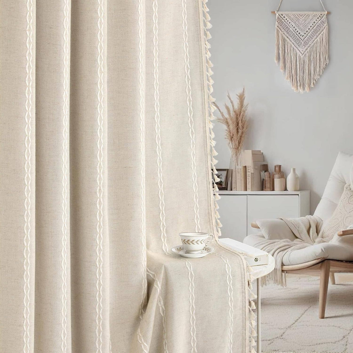 Beige linen-look curtains with braided vertical design and tasseled trim, open at window