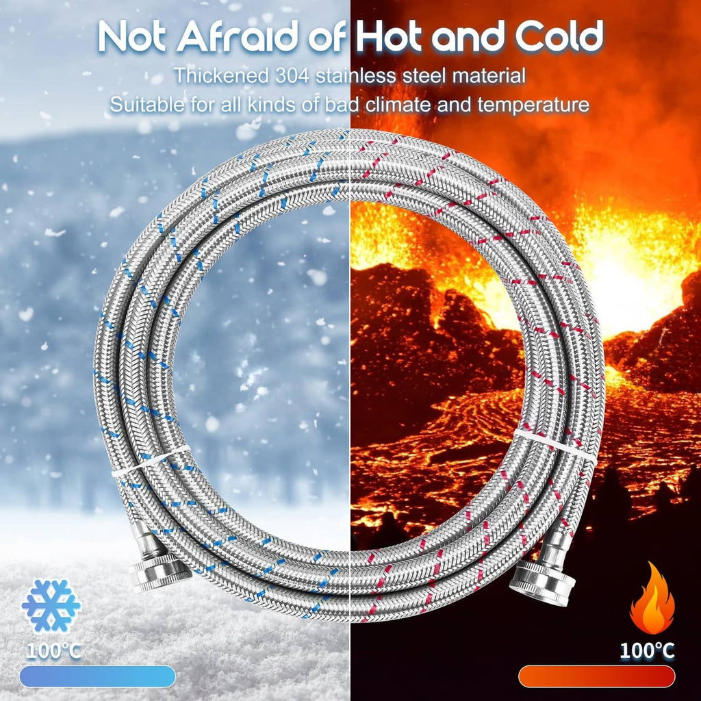Braided stainless washer hoses with metal couplings and red/blue hot and cold stripes