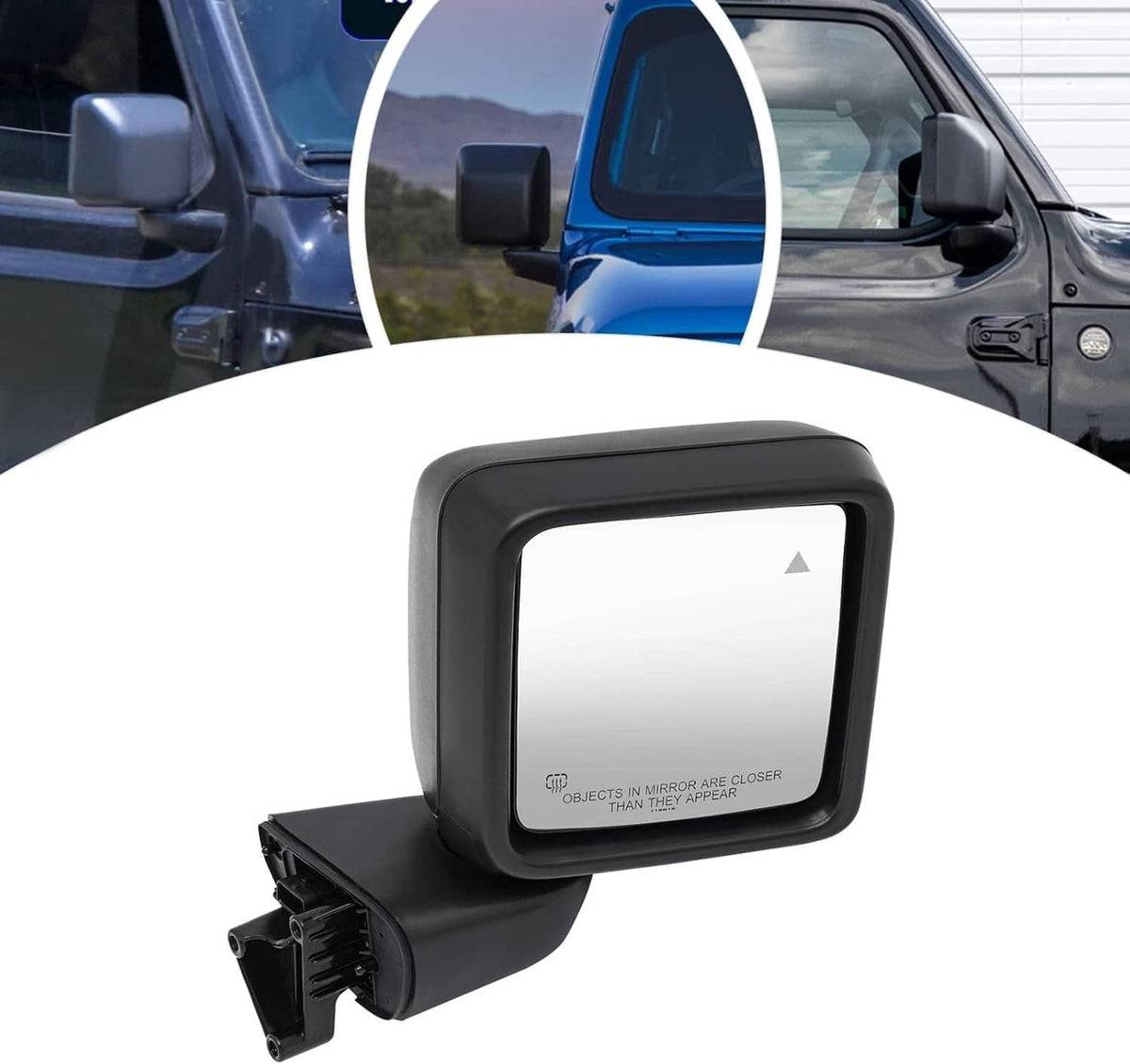 Black side mirror with blind spot indicator and connector housing, mounted on vehicle