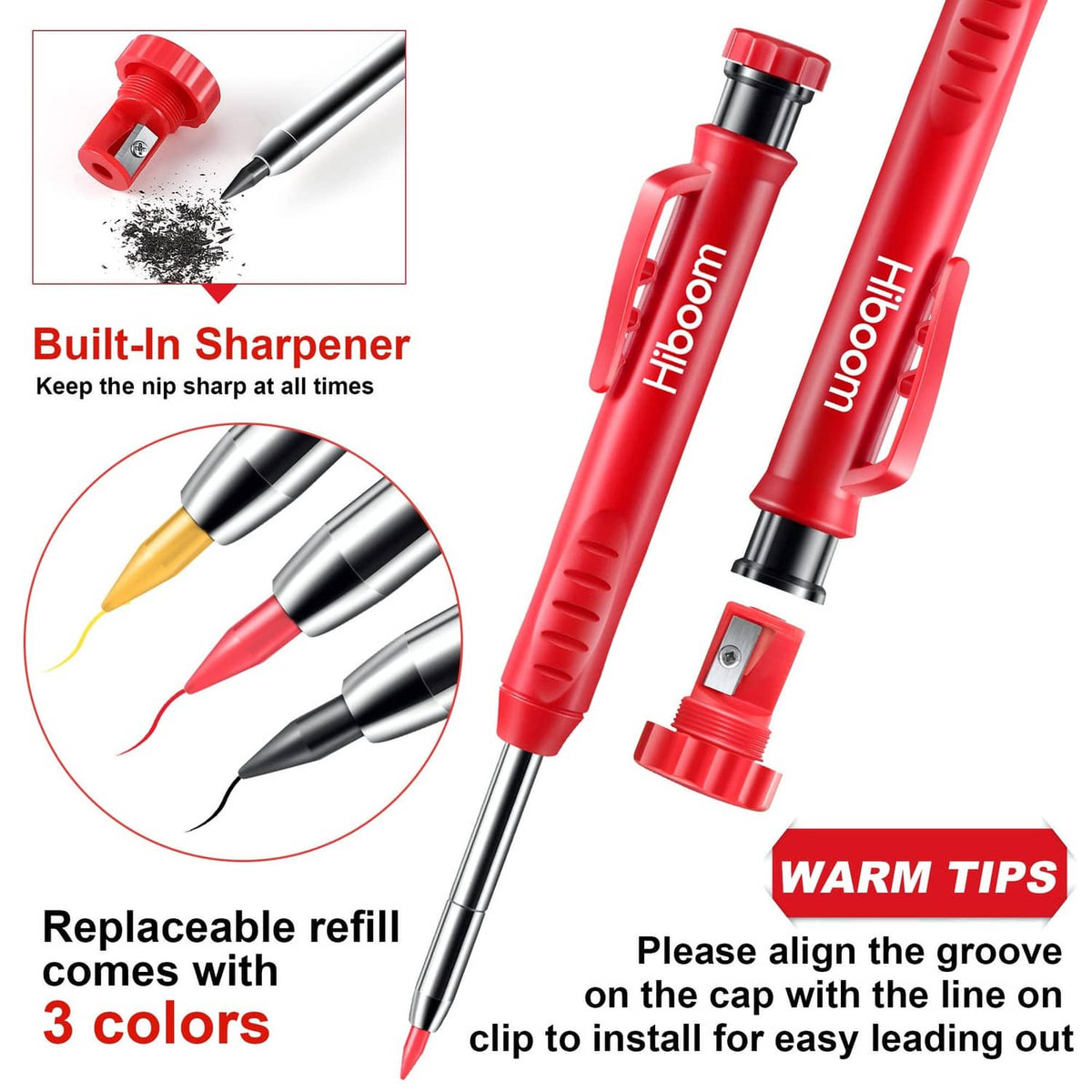 Carpenter pencil set with built-in sharpener and colored refill tips, red