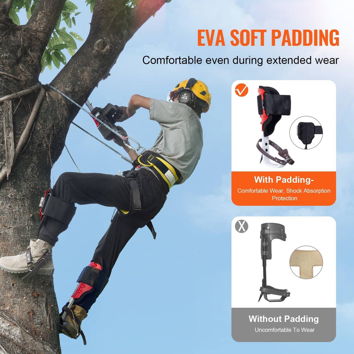 Tree climbing spikes set on a leg with black padding and red metal frame, shown in use