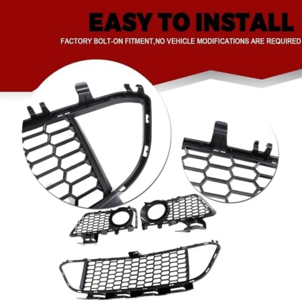 Front bumper grille set installation pieces, black honeycomb mesh with round fog-light openings
