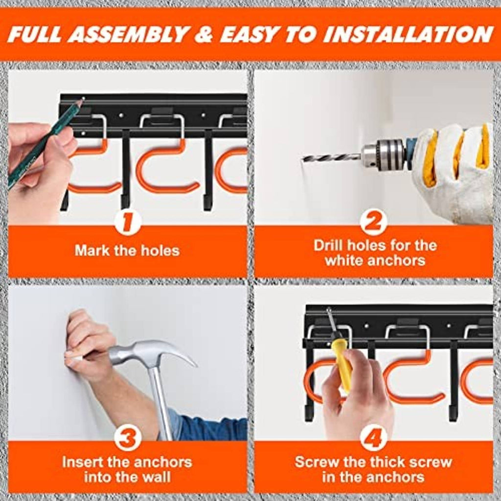 Metal adjustable organizer installation steps with wall anchors and screws illustration