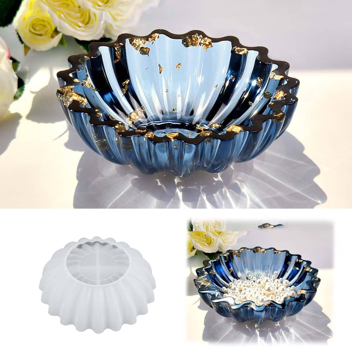 Blue resin bowl with scalloped edges and gold accents, flower tray style