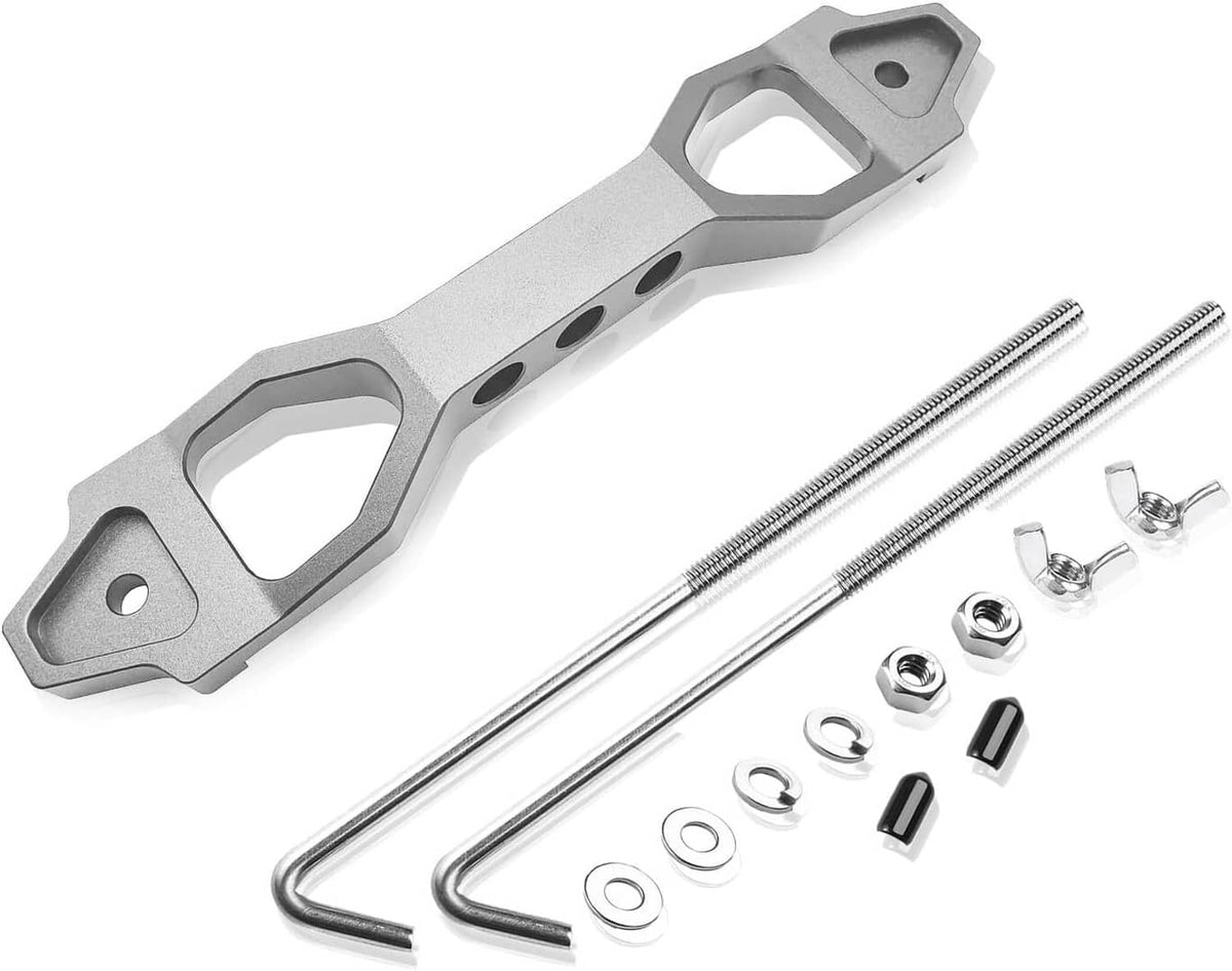 Silver aluminum car battery tie-down bracket bar with threaded rods and nuts kit