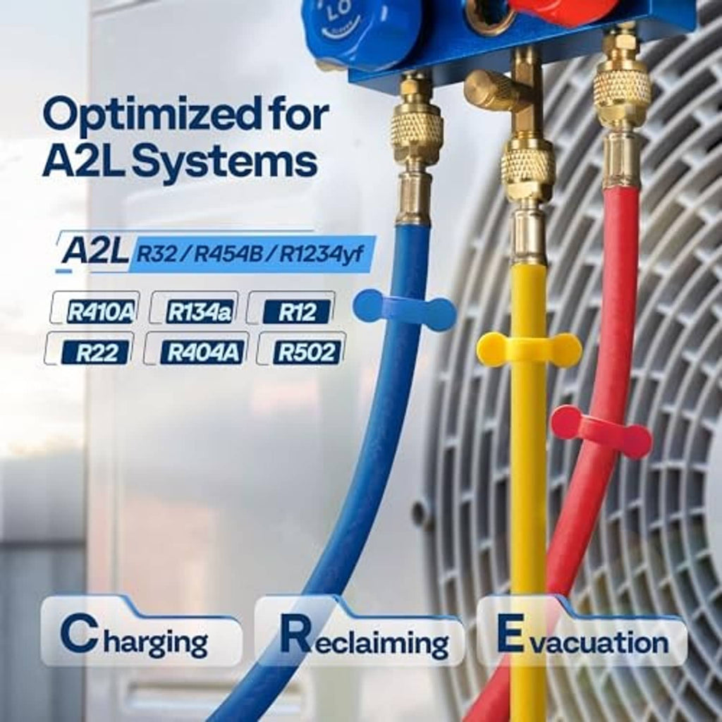 A2L service hoses connected to an HVAC unit, red and blue lines with yellow valve