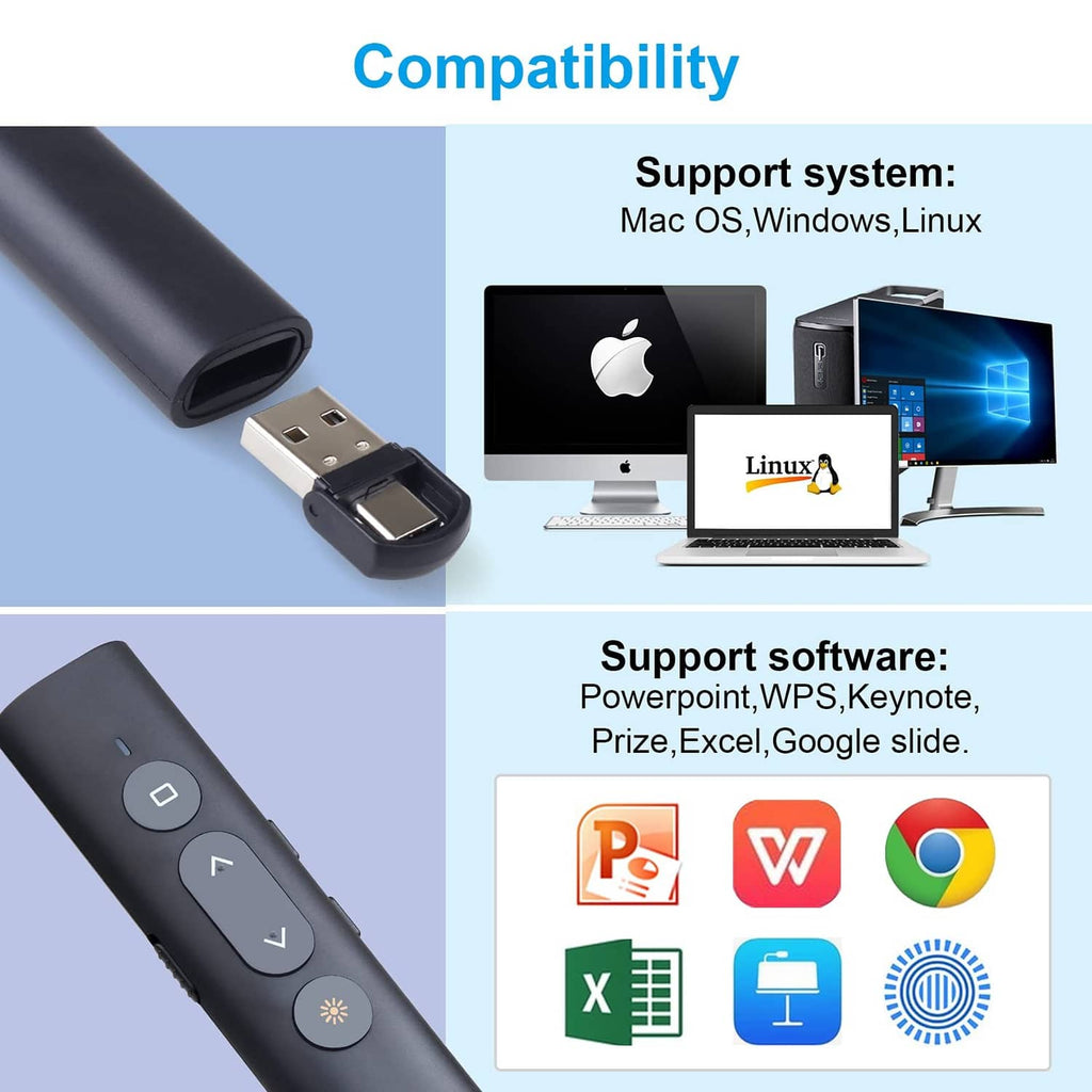 Black presentation clicker with USB connector and compatible system display icons