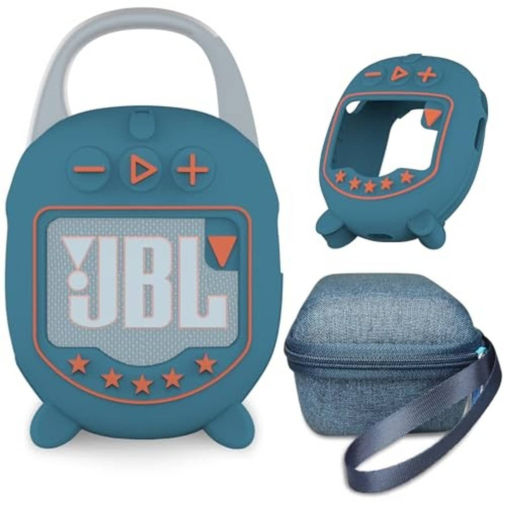 Soft blue JBL Clip 5 speaker silicone cover with orange accents and zip denim carrying pouch