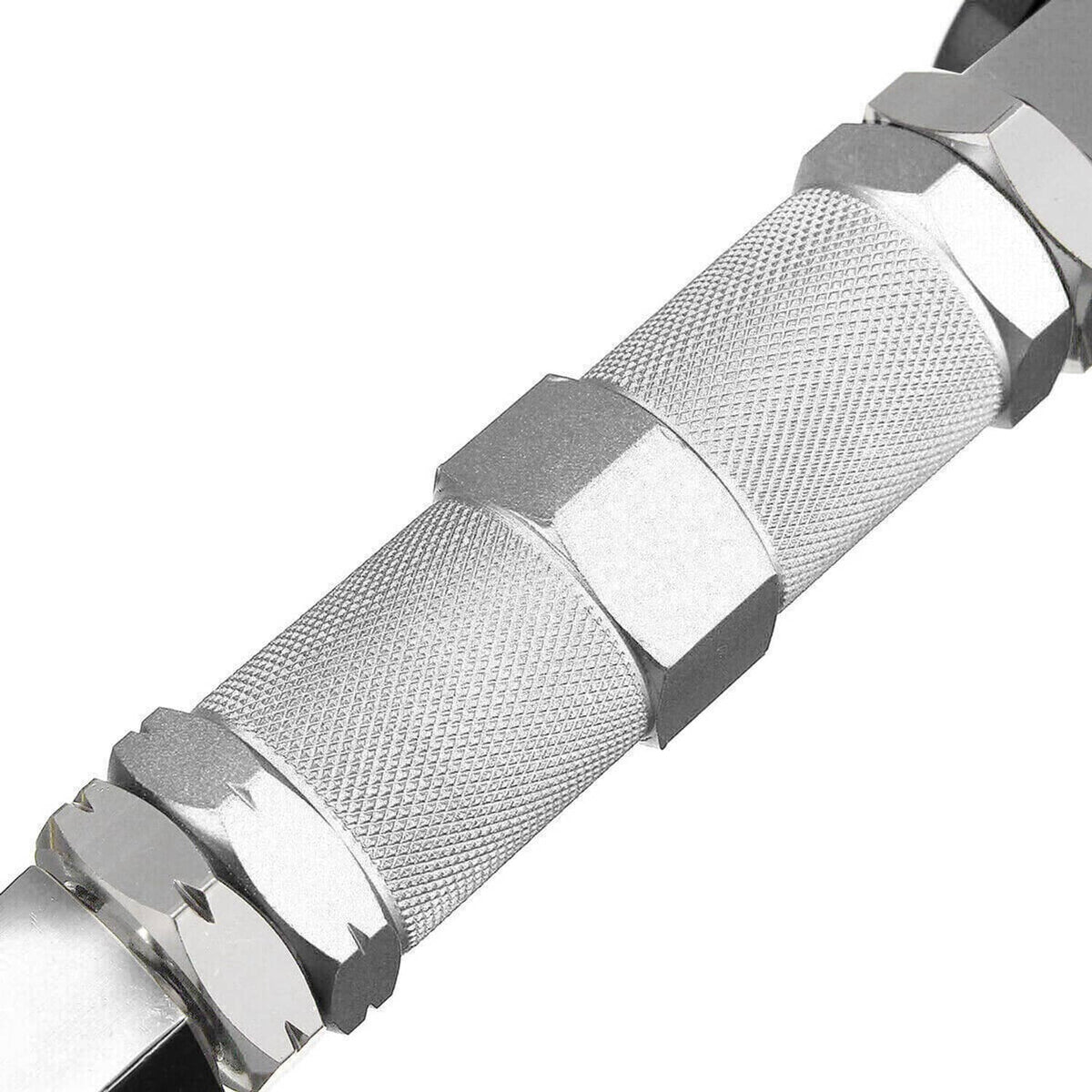 Threaded camber control arm rod with textured sleeve and hex locking hardware