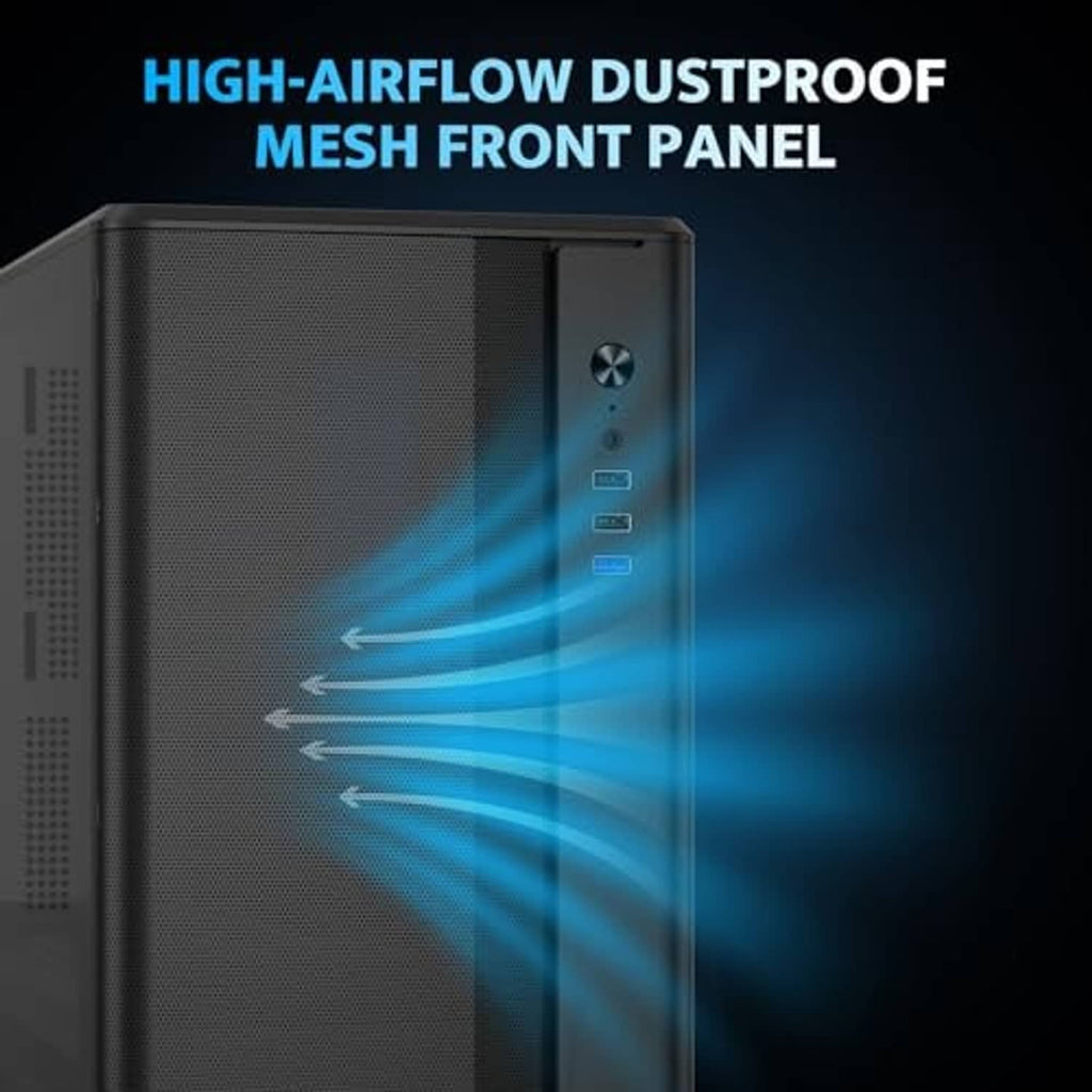 Black PC case with dustproof high-airflow mesh front panel and perforated ventilation
