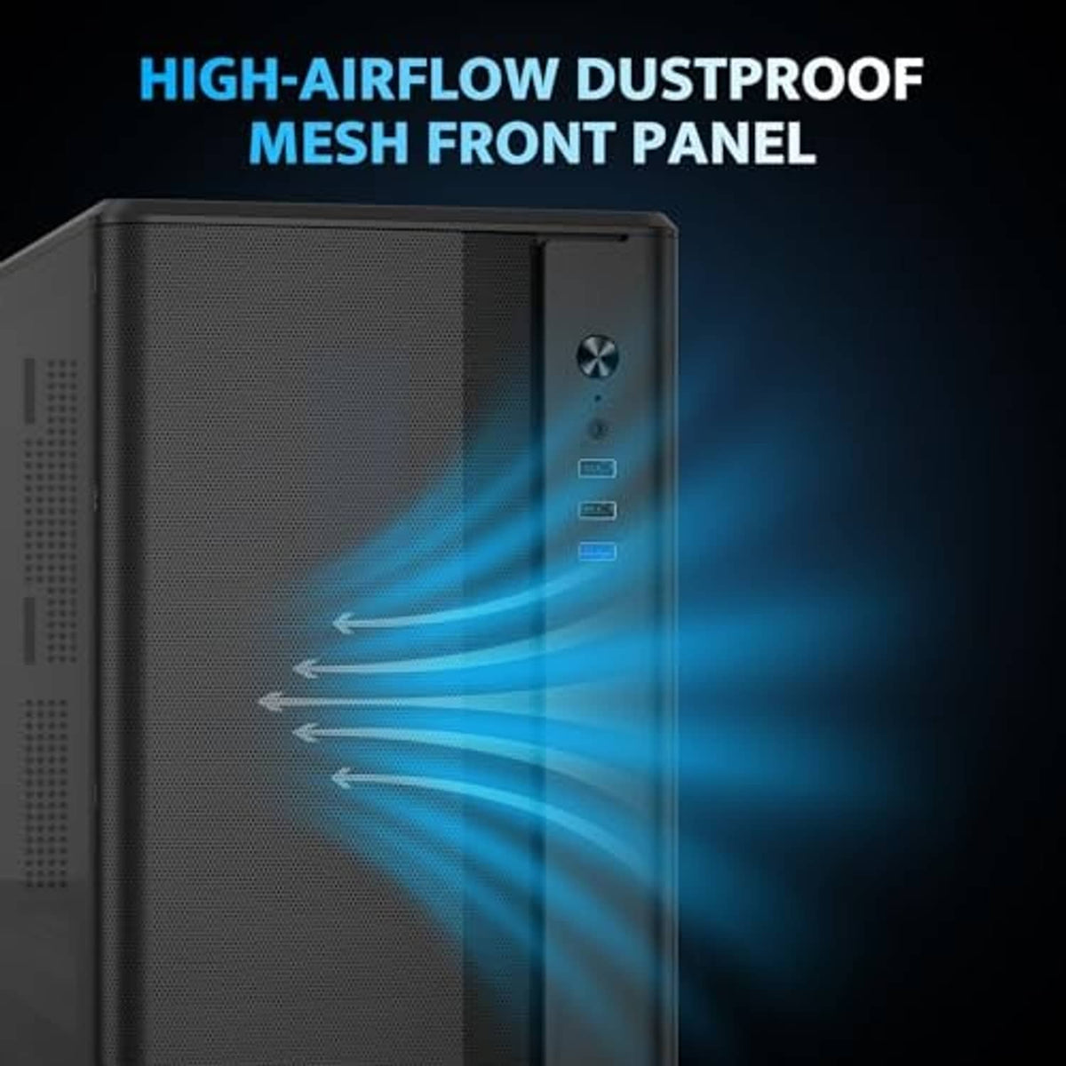 Black PC case with dustproof high-airflow mesh front panel and perforated ventilation