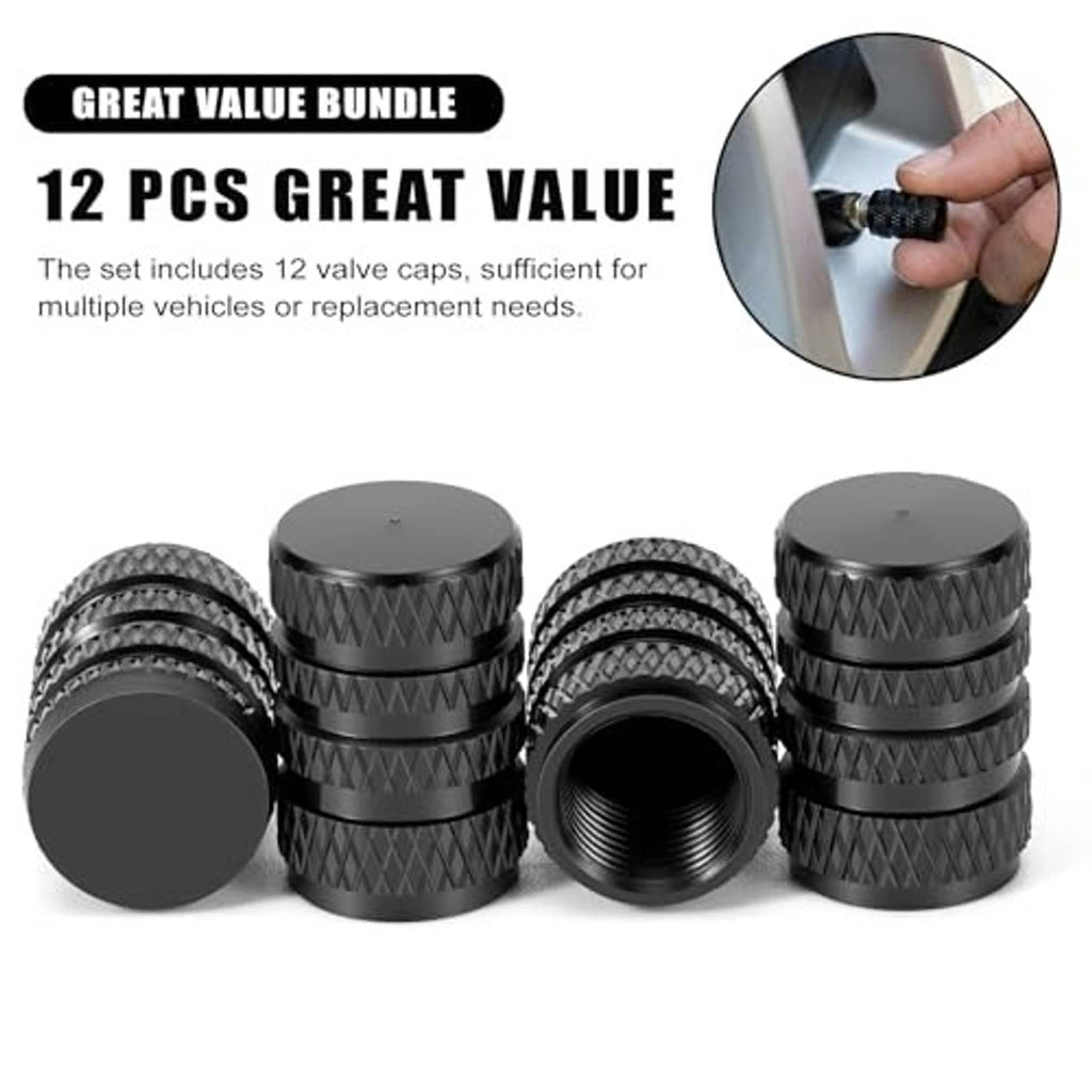 12-pack of black round valve caps with knurled pattern and open valve opening