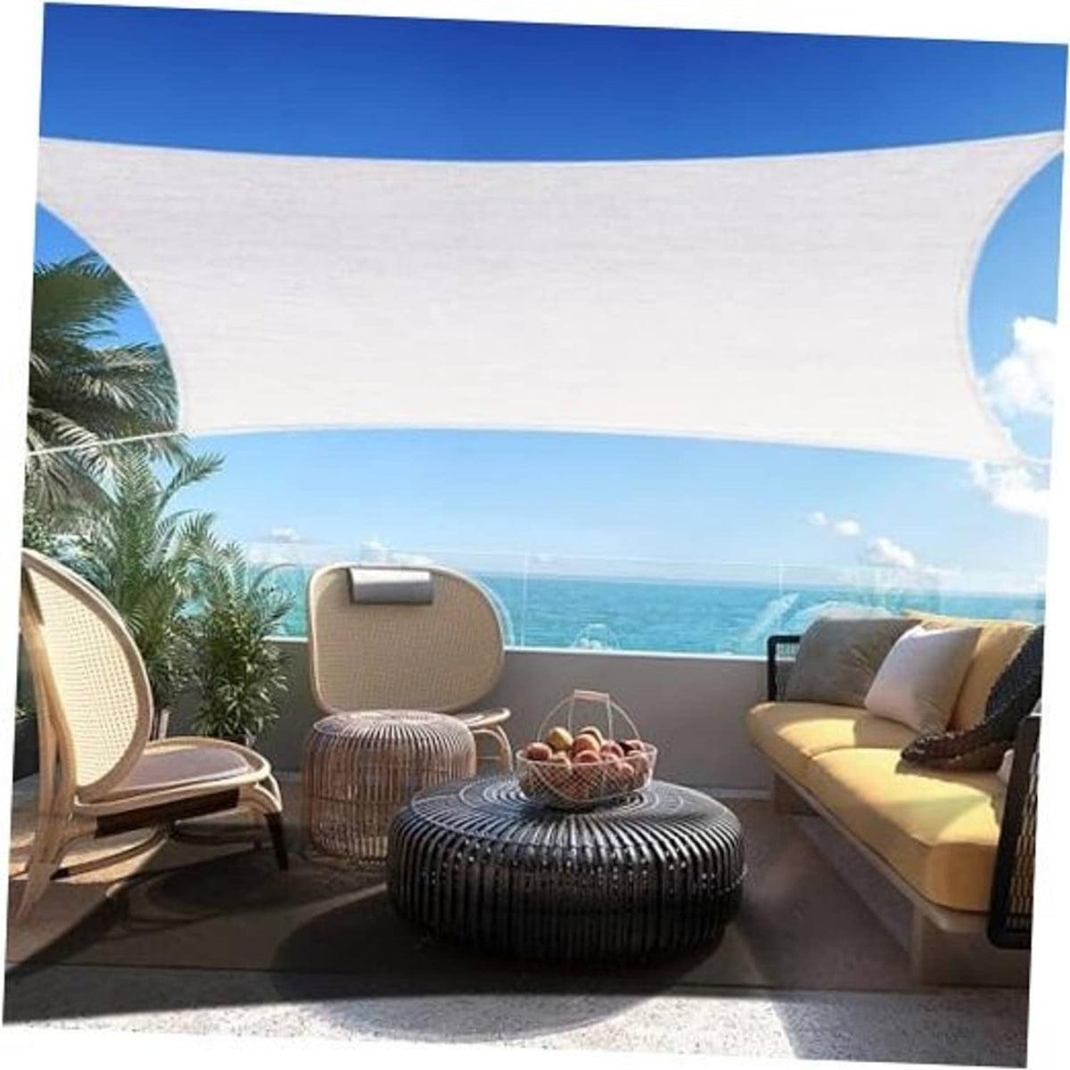 Off-white rectangular sun shade sail canopy with curved edges, stretched outdoors.
