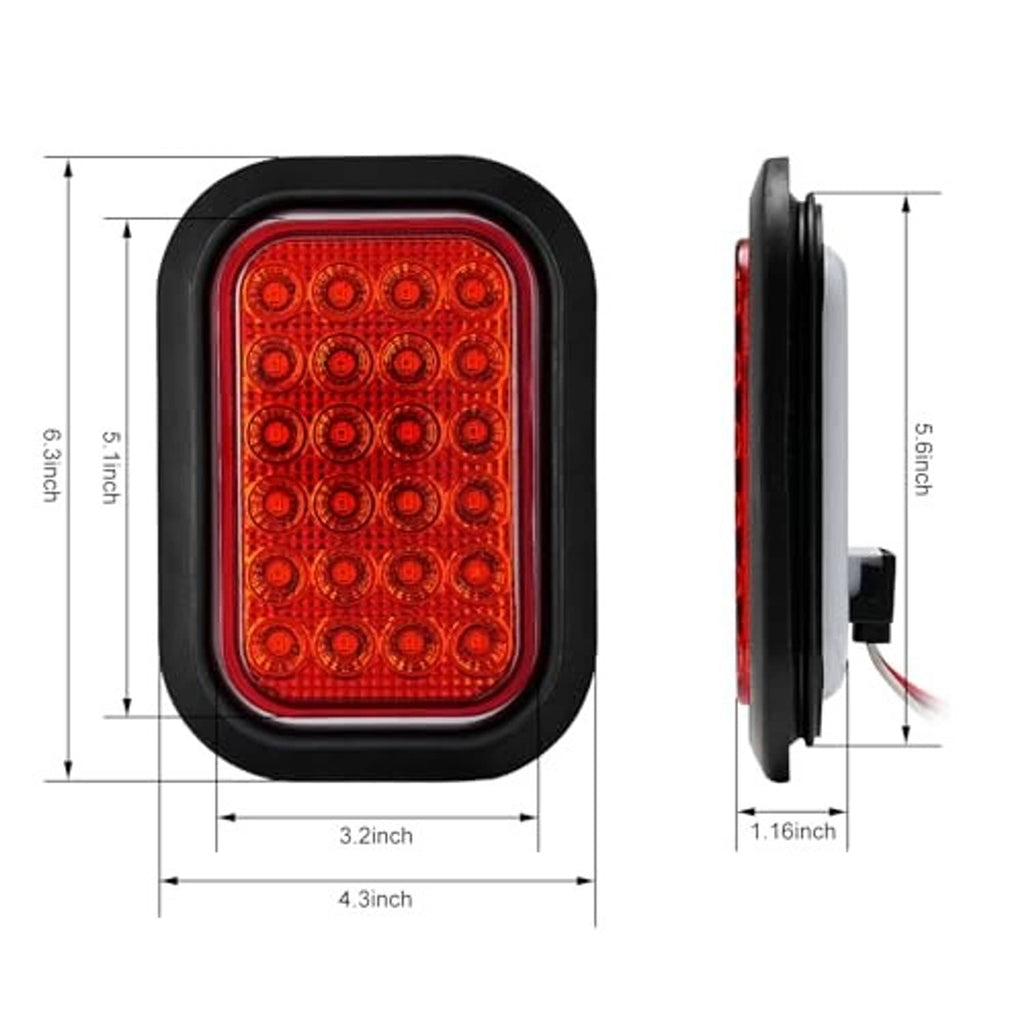 Single red LED tail light with black housing and side wiring, size diagram