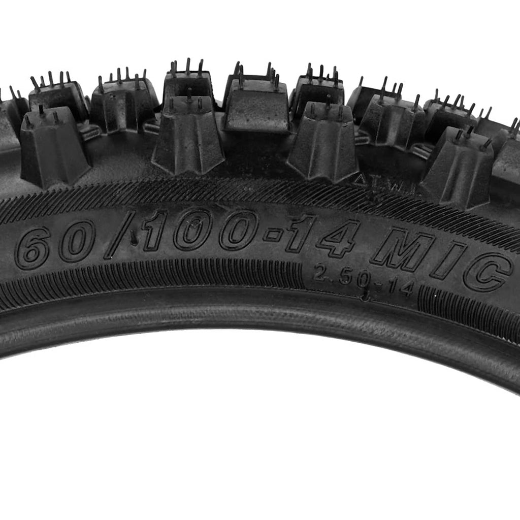 Close-up of tire sidewall text: 60/100-14 2.50-14 M/C, black rubber.