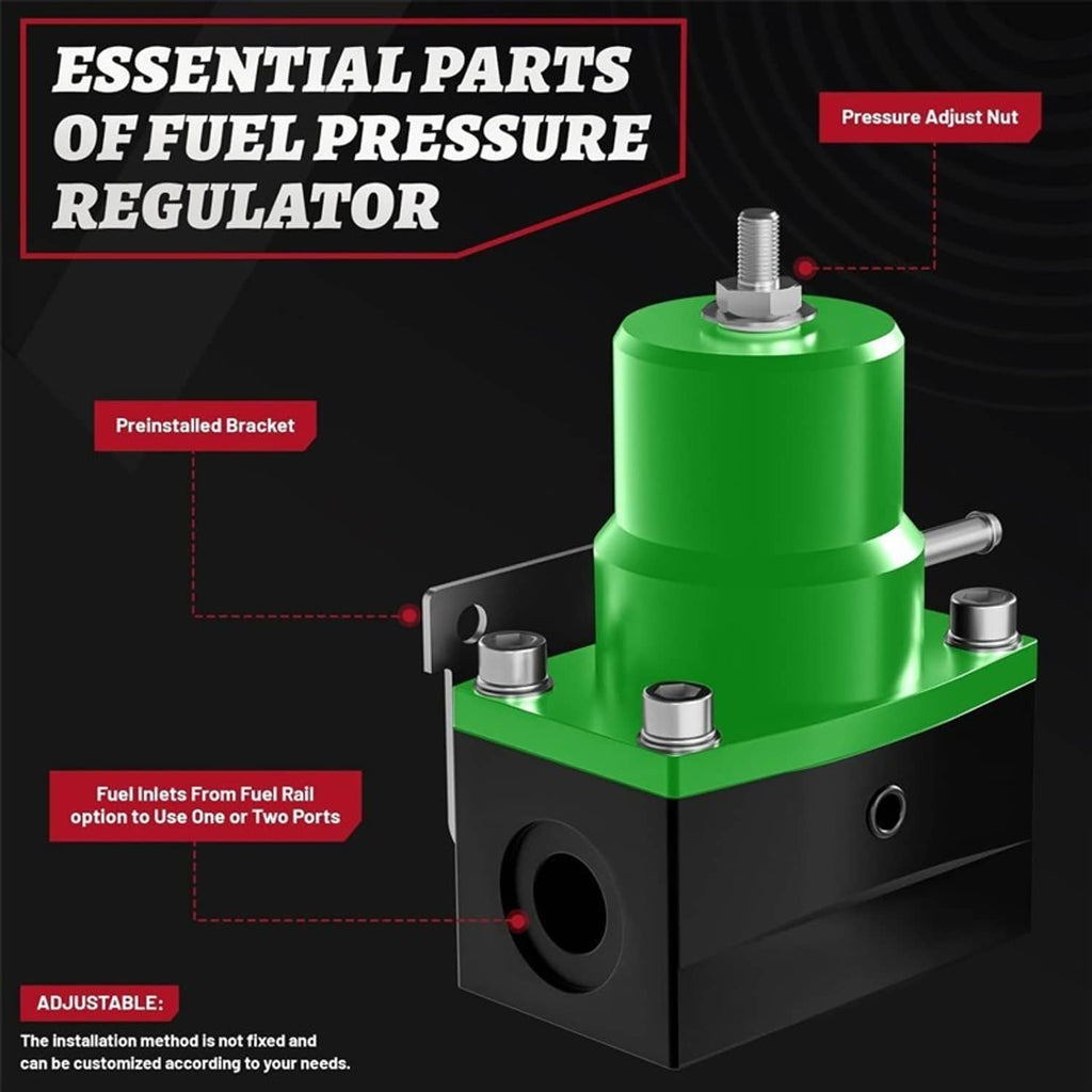 Green adjustable fuel pressure regulator with mounting bracket and multiple connector ports