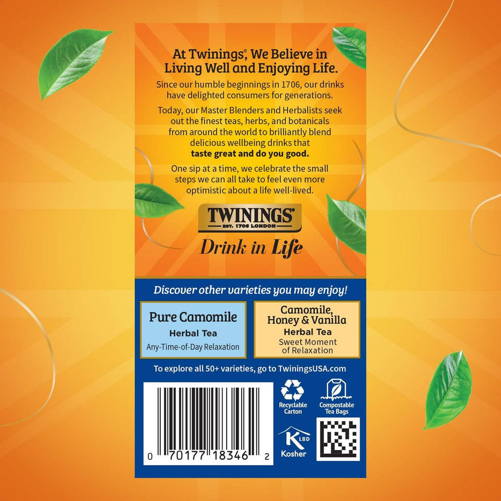 Twinings Nightly Calm tea bag box with company info, barcode, and recycling icons
