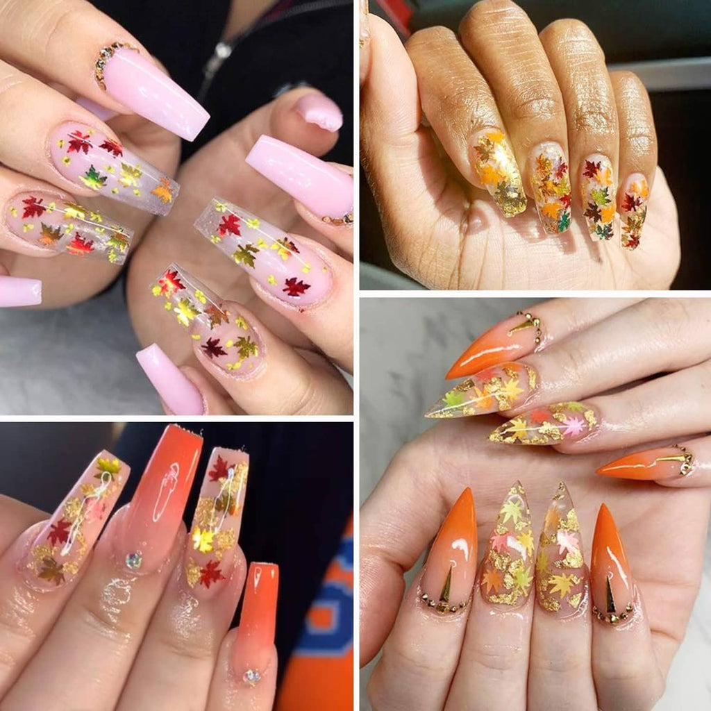 Maple leaf nail glitter sequins on pink and gold nails, mixed fall leaf designs