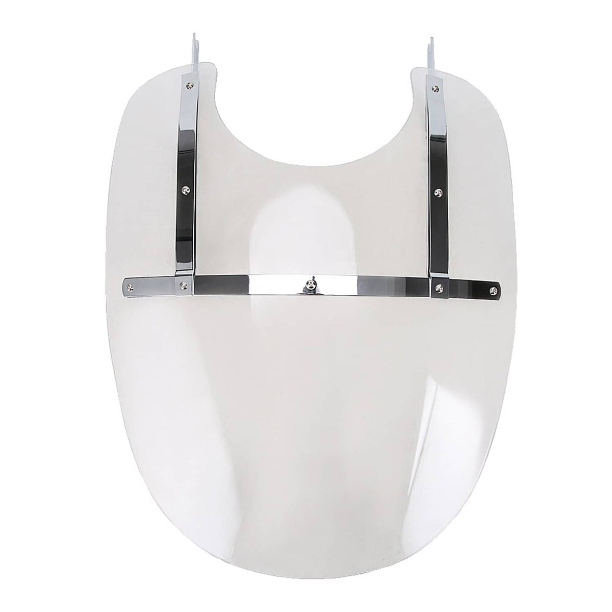 Clear motorcycle windshield with mounting brackets, curved shield shape