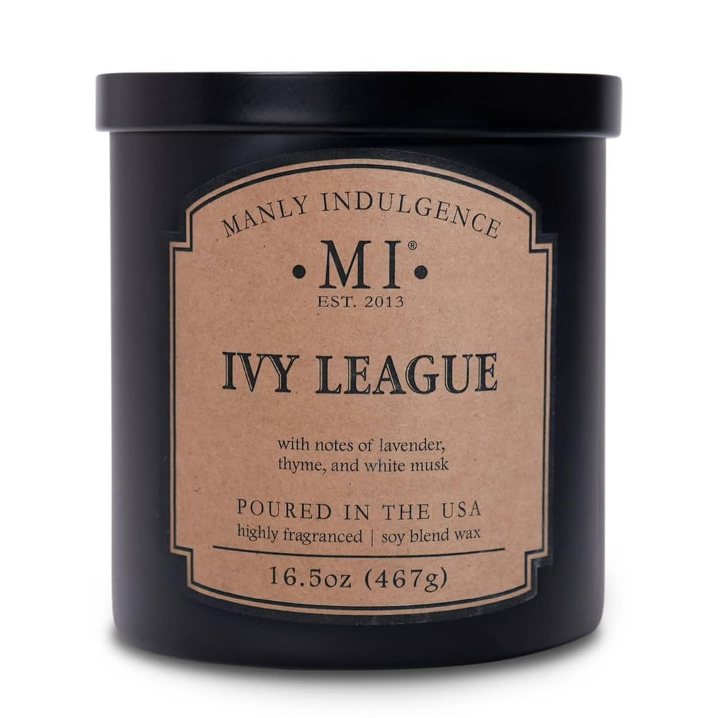 Black scented candle jar with kraft label and gold 'Ivy League' emblem